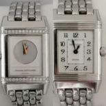 A ladies Jaeger-LeCoultre stainless steel Reverso Duetto bracelet watch with diamond set case