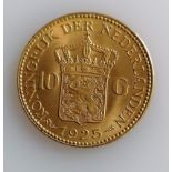 A 10 Guilders (Gulden) Netherlands Wilhelmina gold (.900) coin, 1925, 6.7g