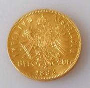 An 1892 Franz Joseph I, 8 florins/20 francs gold coin, 6.47g