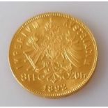 An 1892 Franz Joseph I, 8 florins/20 francs gold coin, 6.47g