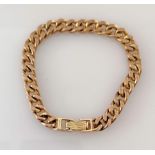 A 9ct yellow gold flat curb-link bracelet, bark-effect to adjustable clasp, 19 cm, import hallmarks,