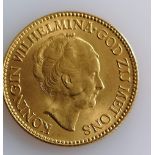 A 10 Guilders (Gulden) Netherlands Wilhelmina gold (.900) coin, 1925, 6.7g