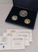 A cased Guernsey 1999 Queen Mother three coin set comprising: a silver proof crown, silver proof one