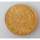 A Vittorio Emanuele II 20 Lire gold coin, 1865, 6.43g