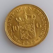 A 10 Guilders (Gulden) Netherlands Wilhelmina gold (.900) coin, 1932, 6.7g