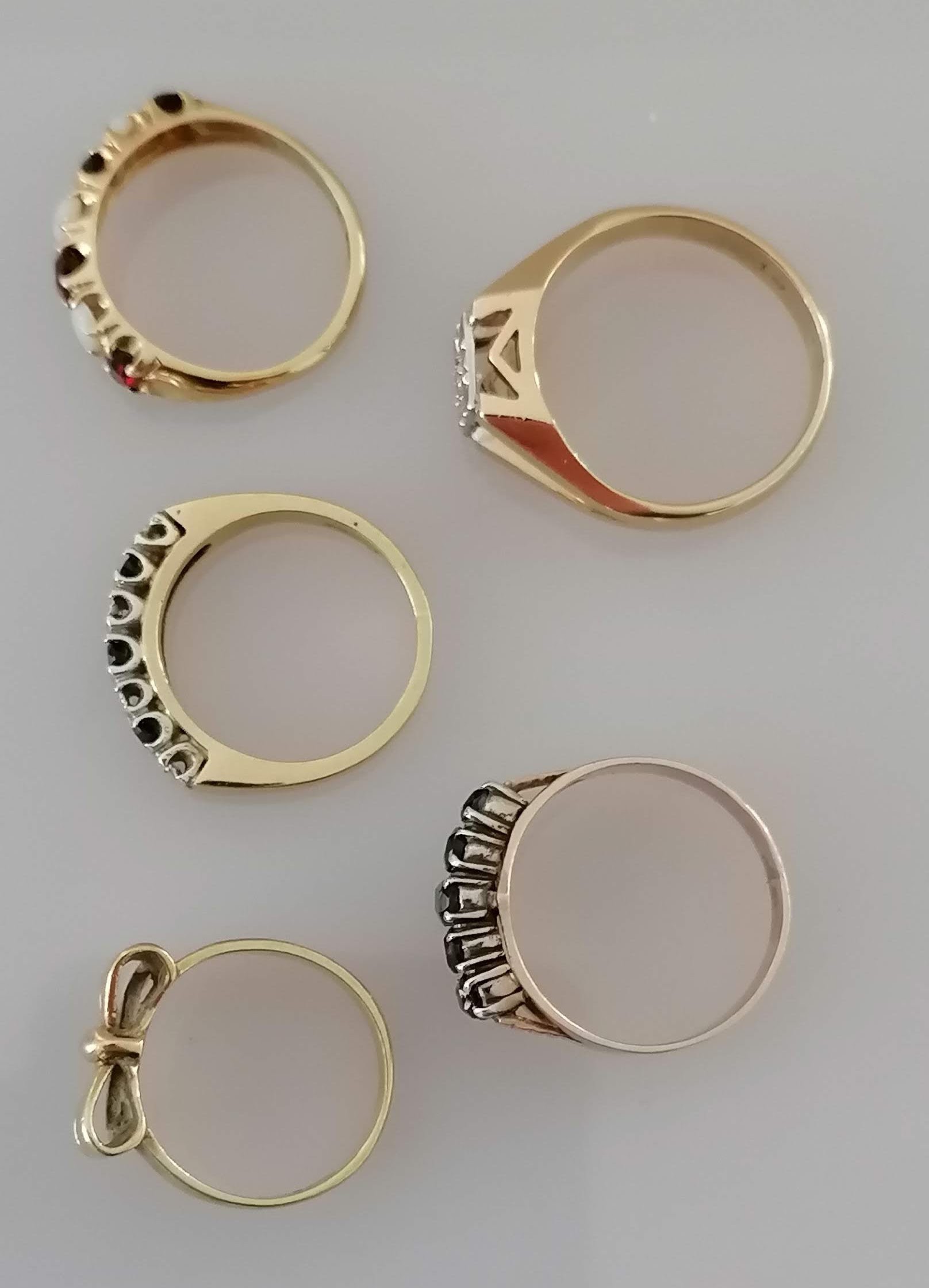 A selection of four gold gem-set rings and one other, smallest J, largest M, all hallmarked or - Image 3 of 4