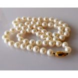 A single row of sixty Akoya cultured pearls measuring from 6.5mm to 7mm on a yellow gold barrel