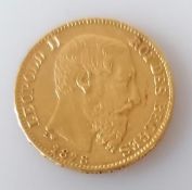 A Leopold II 1878 twenty franc gold coin, 6.43g