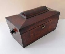 A Georgian rosewood sarcophagus-shape tea caddy with side handles and fitted interior, 18.5 x 31 x