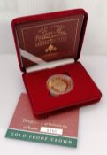 A cased Royal Mint Queen Mother gold proof centenary £5 crown, 22 carat gold proof, no. 0950/3000