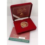 A cased Royal Mint Queen Mother gold proof centenary £5 crown, 22 carat gold proof, no. 0950/3000