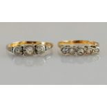 A five-stone and three-stone diamond ring, both on yellow gold, illusions settings, sizes O, R, both