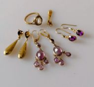 Two pairs of gold and amethyst earrings, another pair (one back missing) and a half and a gold ring,