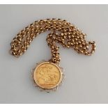 A George V gold full sovereign, Sydney mint, 1914, on a hallmarked 9ct gold mount and rollo chain,