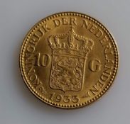 A 10 Guilders (Gulden) Netherlands Wilhelmina gold (.900) coin, 1932, 6.7g