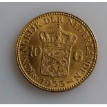 A 10 Guilders (Gulden) Netherlands Wilhelmina gold (.900) coin, 1932, 6.7g