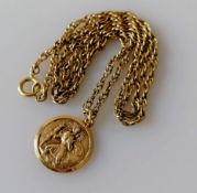 A gold St. Christopher pendant and chain, hallmarked 9ct, 18mm diameter, chain 52 cm, 9.06g