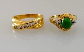 A channel-set gold and diamond ring and a jade and diamond ring, both hallmarked 18ct, sizes O, L,