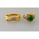 A channel-set gold and diamond ring and a jade and diamond ring, both hallmarked 18ct, sizes O, L,