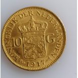 A 10 Guilders (Gulden) Netherlands Wilhelmina gold (.900) coin, 1917, 6.7g