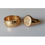 A yellow gold wedding band with etched decoration, 7mm and a signet ring, initialled, both size P1/