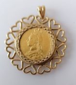 A Victorian gold full sovereign, 1888, Melbourne mint on a hallmarked 9ct gold mount, 12g