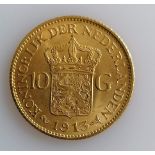 A 10 Guilders (Gulden) Netherlands Wilhelmina gold (.900) coin, 1913, 6.7g