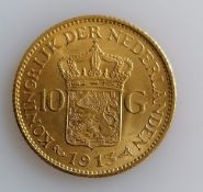 A 10 Guilders (Gulden) Netherlands Wilhelmina gold (.900) coin, 1913, 6.7g