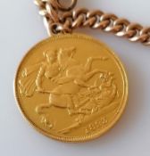 A Victorian £2 gold coin or double sovereign, 1893, with soldered 9ct rose gold flat curb-link