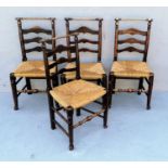 A harlequin set of four early 19th century ash and elm Macclesfield dining chairs with ladder backs,