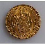 A 10 Guilders (Gulden) Netherlands Wilhelmina gold (.900) coin, 1933, 6.7g