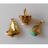 Three Italian gold charms or pendants, two gem-set, largest 33mm, two stamped 750, one tests for