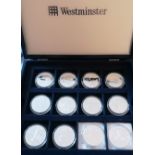 A cased Westminster Concorde Milestones silver £5 Coin Collection (11 and one Ten Dollars coin),