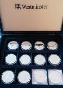 A cased Westminster Concorde Milestones silver £5 Coin Collection (11 and one Ten Dollars coin),