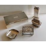 An Art Deco silver cigarette box with engine turned design, wood-lined interior, vacant cartouche by