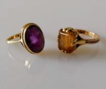Two mid-century 9ct gold rings, amethyst and citrine, both size P, hallmarked, 7.28g