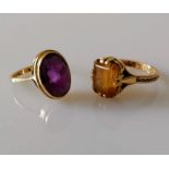 Two mid-century 9ct gold rings, amethyst and citrine, both size P, hallmarked, 7.28g