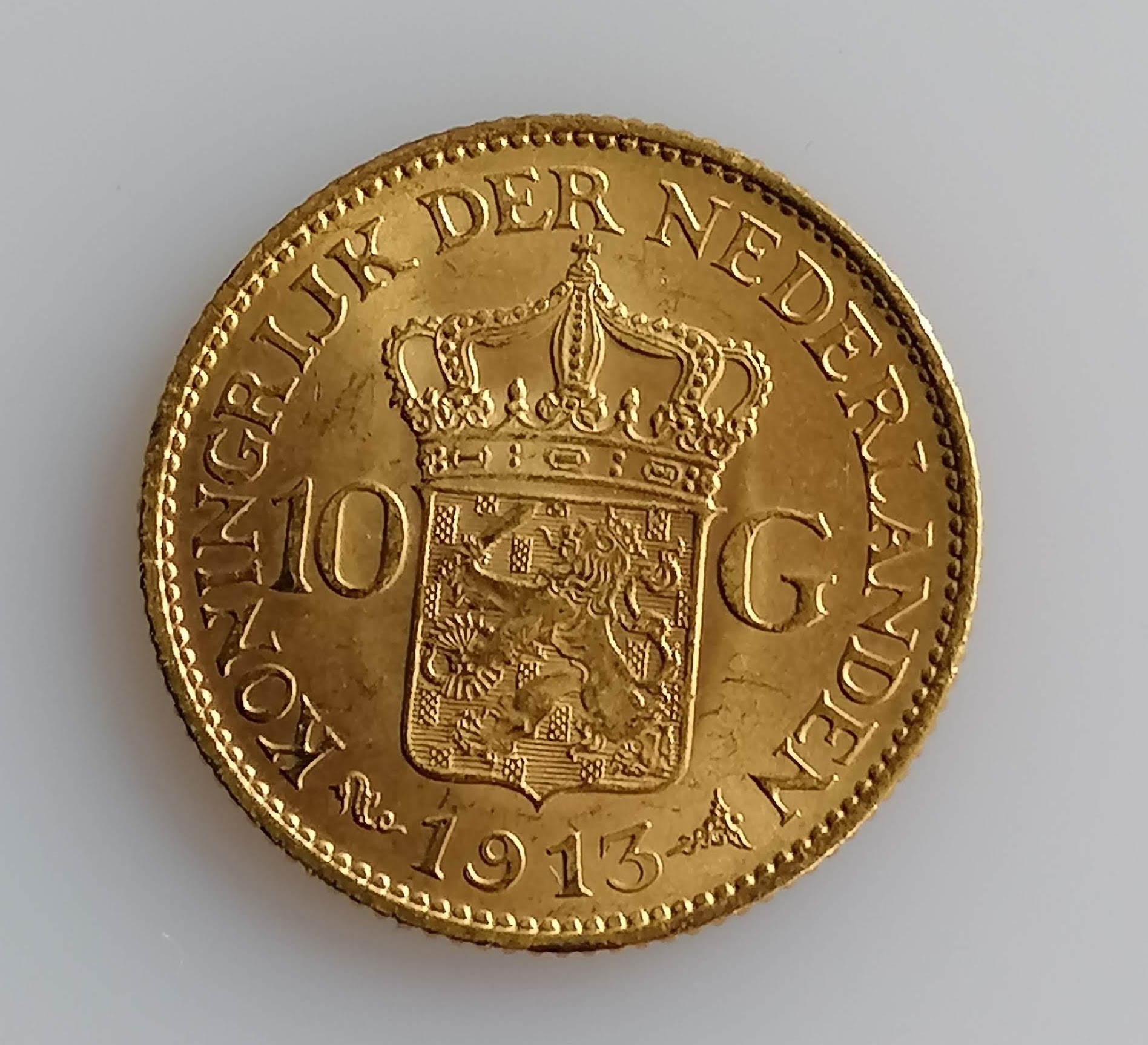 A 10 Guilders (Gulden) Netherlands Wilhelmina gold (.900) coin, 1913, 6.7g