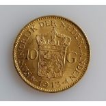 A 10 Guilders (Gulden) Netherlands Wilhelmina gold (.900) coin, 1913, 6.7g