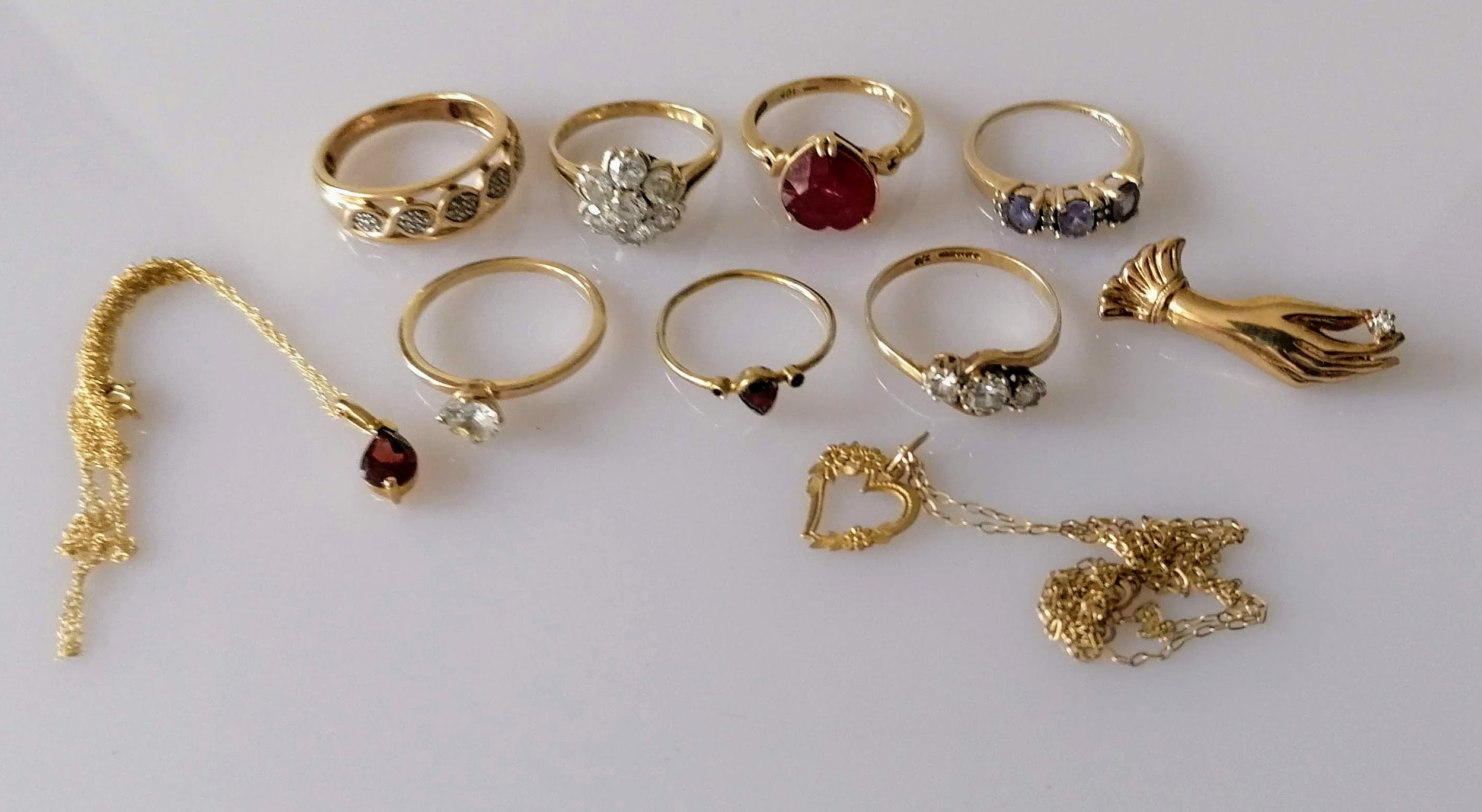 Seven gold gem-set rings, mixed sizes, one brooch and two pendants, all hallmarked 9ct, 19.32g (10) - Image 2 of 2