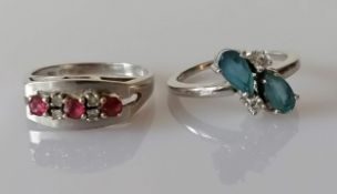 A mid-century white gold, diamond and ruby ring and a aquamarine and diamond ring, sizes N, both