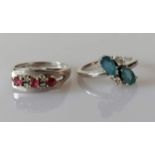 A mid-century white gold, diamond and ruby ring and a aquamarine and diamond ring, sizes N, both