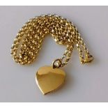 A gold heart-shape pendant, unmarked, tests for 9ct gold and chain, hallmarked 9ct, 58cm, 12.79g