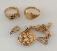 A St. Christopher's gold pendant with chain, a signet ring (cut), textured ring and letter 'B',