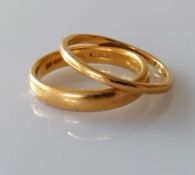 Two 22ct yellow gold wedding bands, sizes P, Q, 4mm, 2mm, both hallmarked, 8.09g