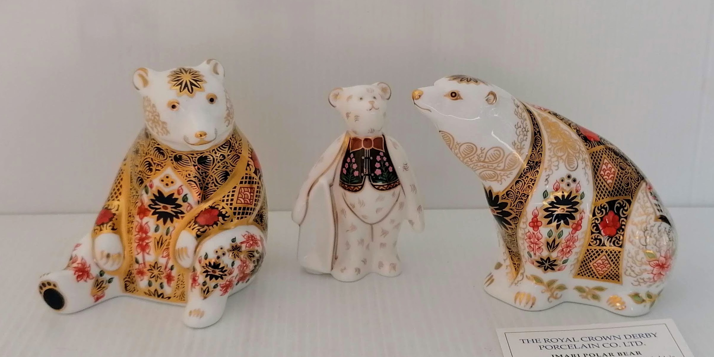 Royal Crown Derby figures, Old Imari Honey Bear, Mini Teddy Bear and Old Imari Polar Bear with