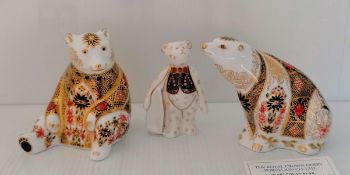 Royal Crown Derby figures, Old Imari Honey Bear, Mini Teddy Bear and Old Imari Polar Bear with