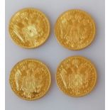 Four Austrian 1915 gold One Ducat restrike coins, each 3.5g (total 14g)