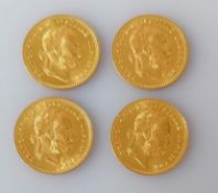 Four Austrian 1915 gold One Ducat restrike coins, each 3.5g (total 14g)