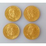 Four Austrian 1915 gold One Ducat restrike coins, each 3.5g (total 14g)